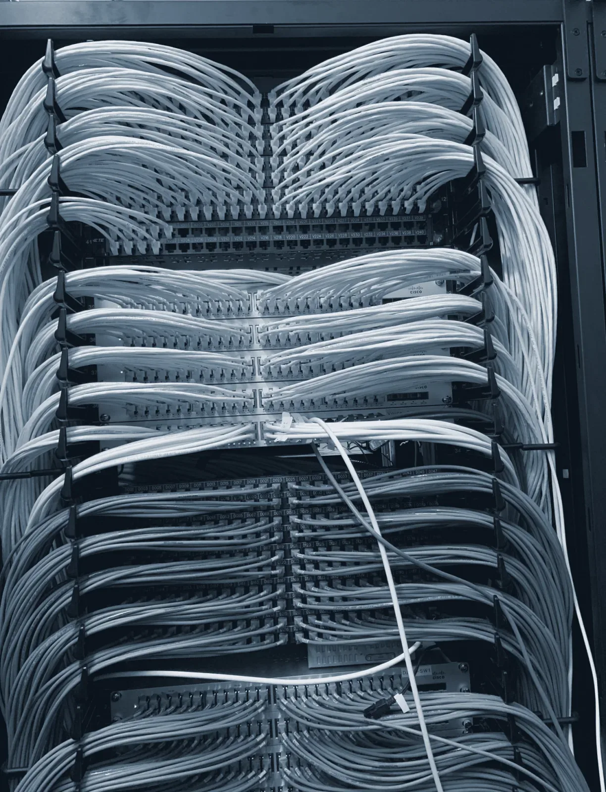 Patch panels and switches with hundreds of cables dressed into cable managers