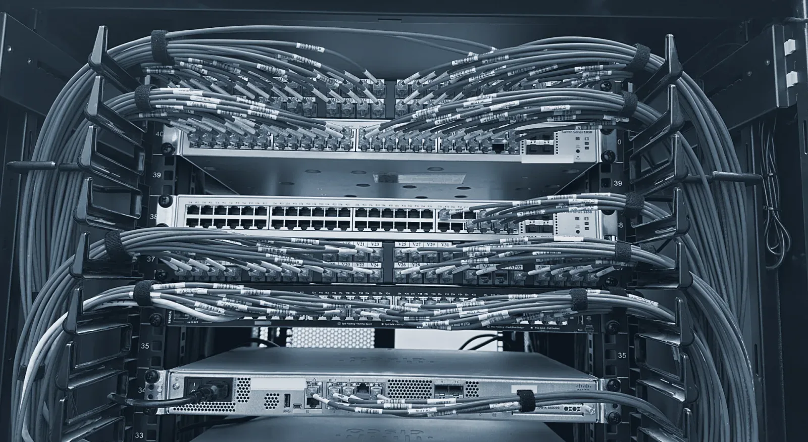 Switches and patch panels in a network rack, every cable labelled
